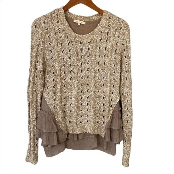 Anthropologie Eri + Ali Ruffle Mixed Media Sweater Layer Long Sleeve Loose Knit - Picture 1 of 16